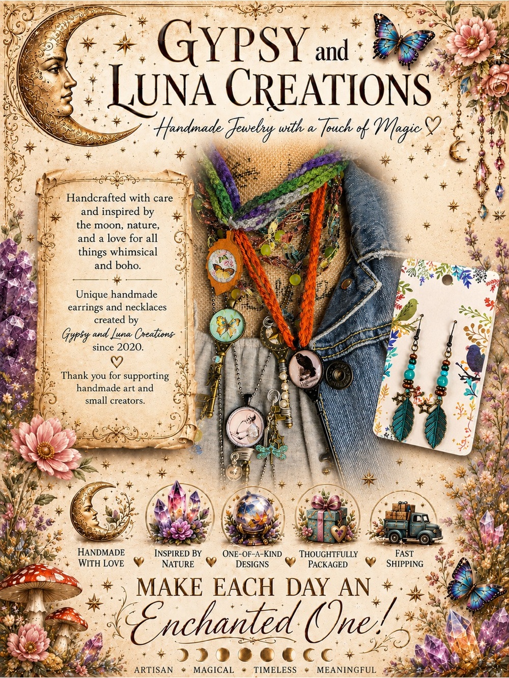 Handmade Jewelry by Gypsy & Luna Boho Moon Jewelry Artisan Earrings & Necklaces